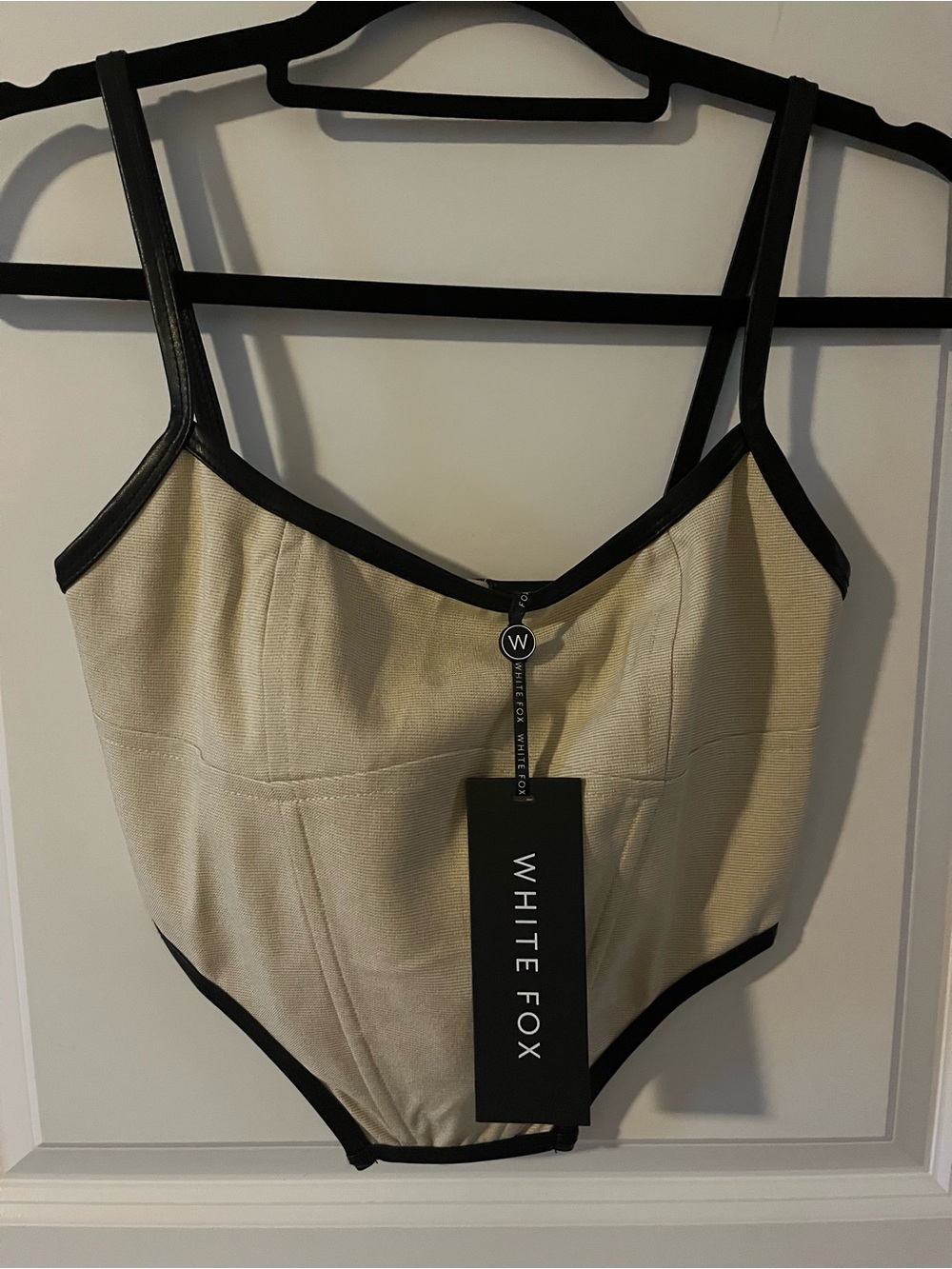 White Fox Boutique NWT Oatmeal Corset and Mini Skirt set. Size small